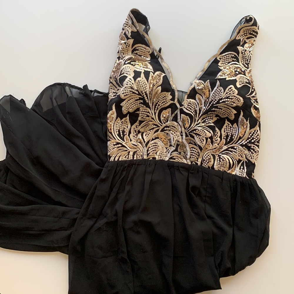 Soieblu Black Gold Sequins Embroidered Maxi Dress Large